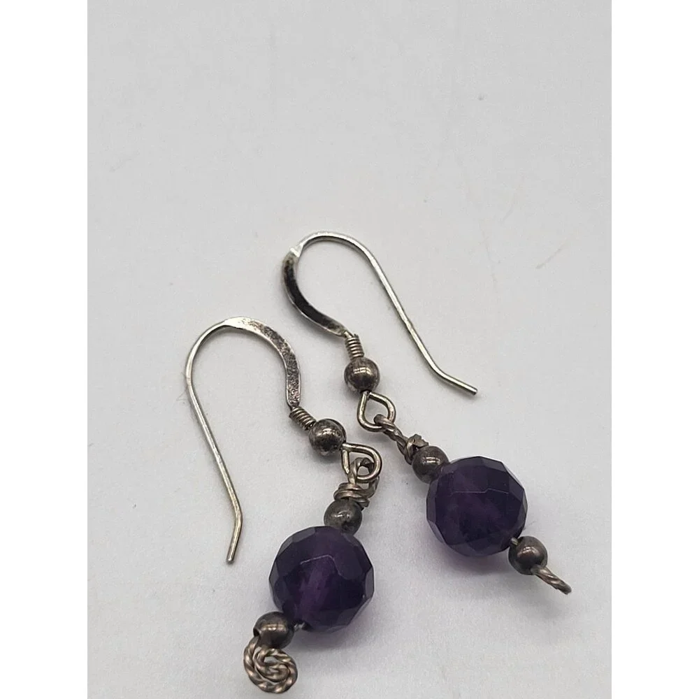 VTG 925 Sterling Silver and Amethyst Faceted Bead Dangle Drop Earrings